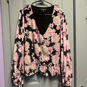 Sugarlips Floral V-Neck Blouse in Black and Pink